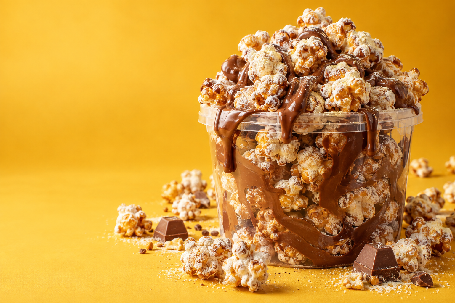 Balde de pipoca gourmet coberta com creme de chocolate
